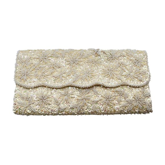 Vintage Star Brand White Beaded Sequin Clutch Evening Bag Elegant Hong Kong - Picture 1 of 12